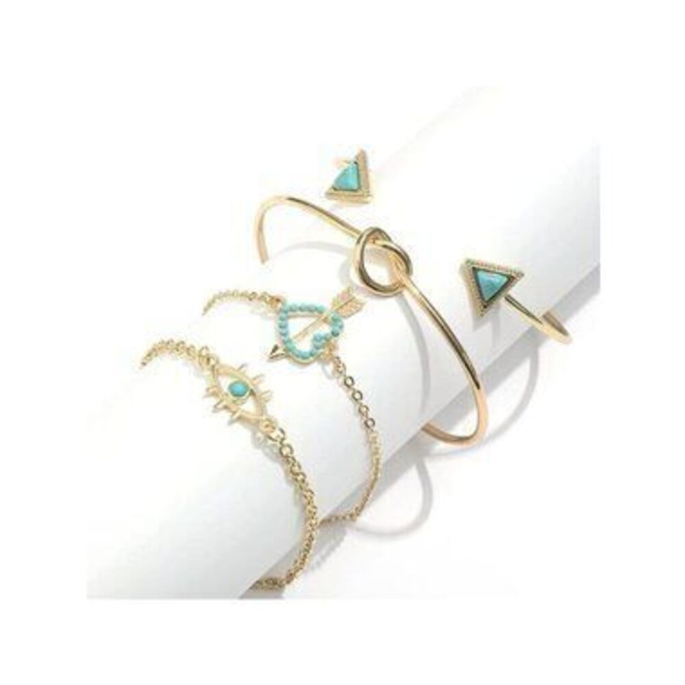 Gold & Turquiose 4pc Evil Eye Heart Chain Bracelet